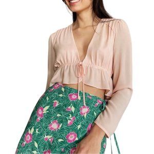 Sunday Best Cropped Tie-Front Plunging Blouse Long Sleeve Blush Pink XXS